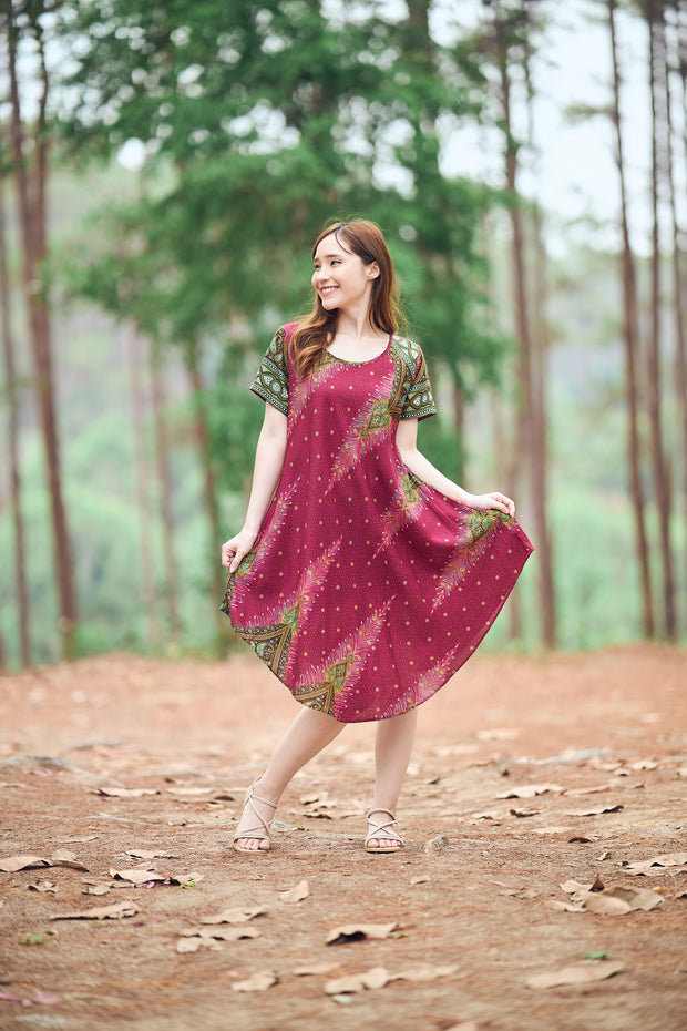 Burgundy Peacock Fabric Dress with Sleeves and Two Pockets