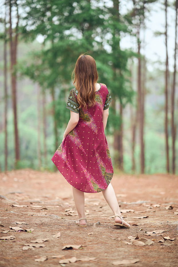 Burgundy Peacock Fabric Dress with Sleeves and Two Pockets