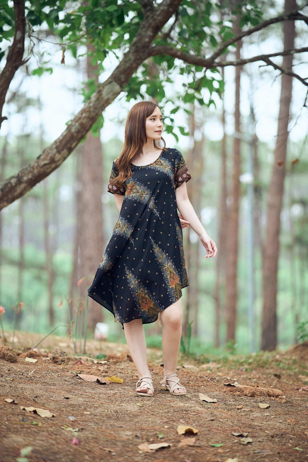 Black Peacock Fabric Dress with Sleeves and Two Pockets - Lannaclothesdesign Shop