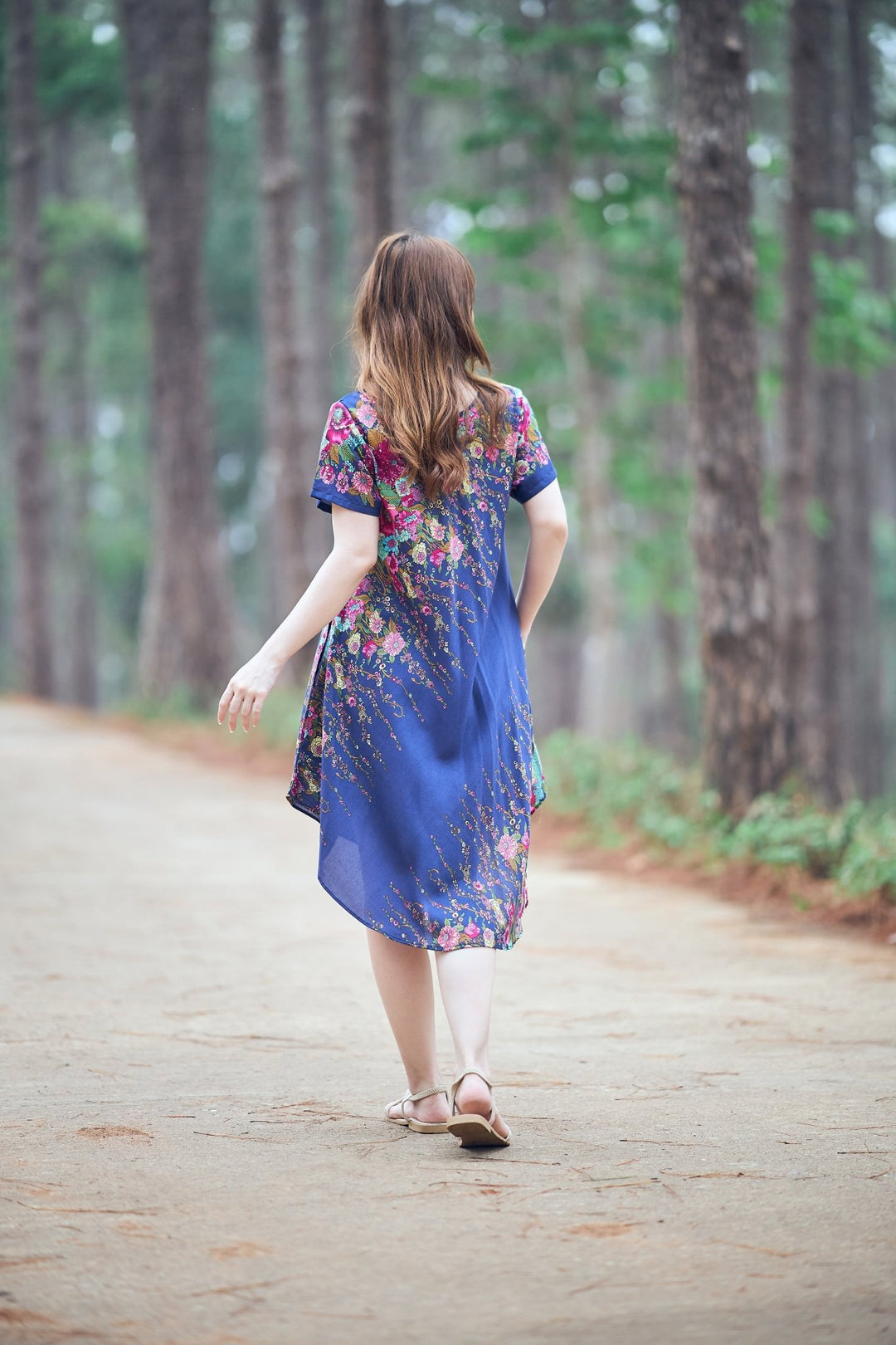 Dark Blue Flower fabric Dress with Sleeves and Two Pockets - Lannaclothesdesign Shop