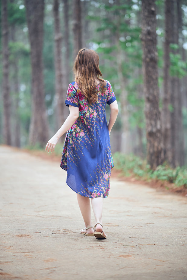 Dark Blue Flower fabric Dress with Sleeves and Two Pockets