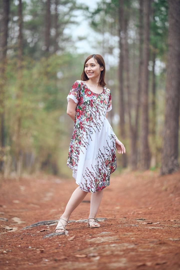 White Flower fabric Dress with Sleeves and Two Pockets - Lannaclothesdesign Shop