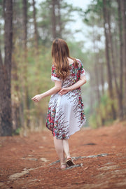 White Flower fabric Dress with Sleeves and Two Pockets