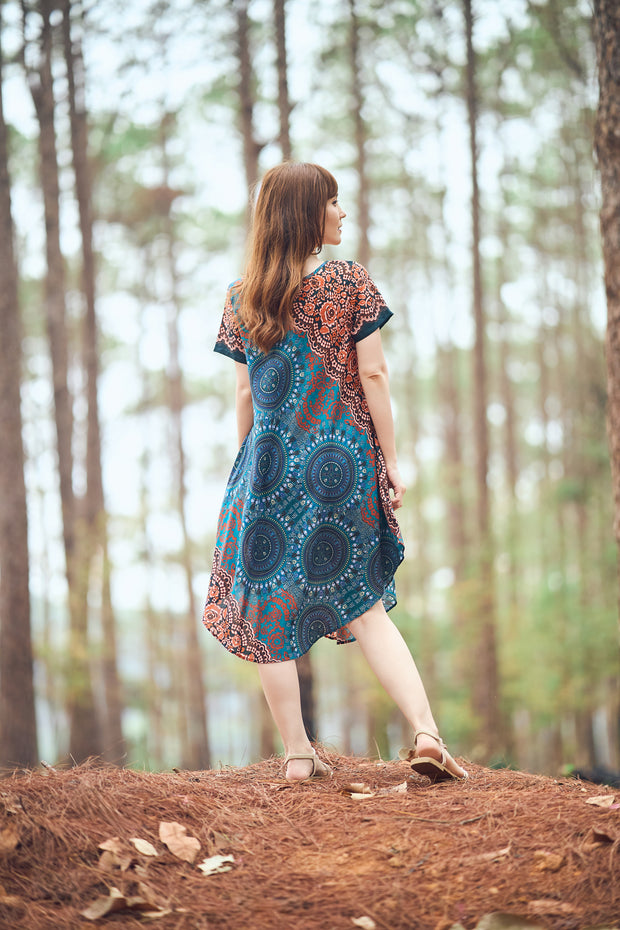 Teal Rose Circle Fabric Dress with Sleeves and Two Pockets