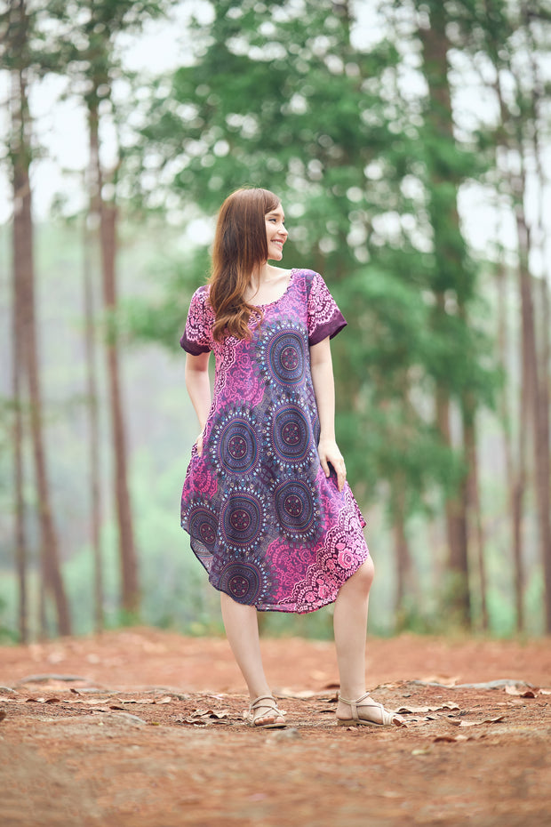 Purple Rose Circle Fabric Dress with Sleeves and Two Pockets