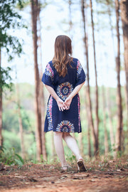 Rayon Boho Tops Dress Kimono - Dark Blue Printed Colorful