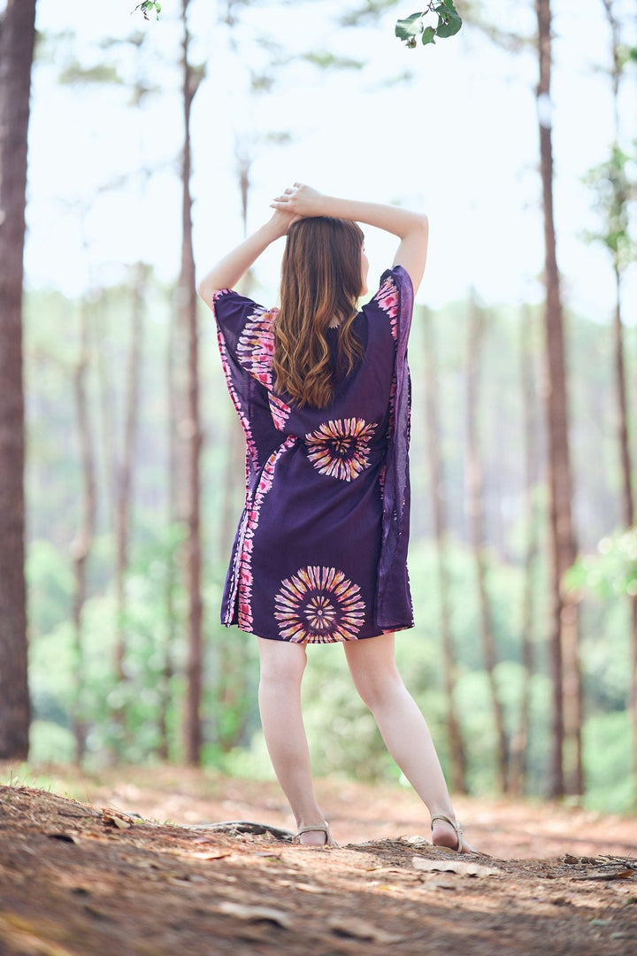 Rayon Boho Tops Dress Kimono - Purple Printed Colorful - Lannaclothesdesign Shop