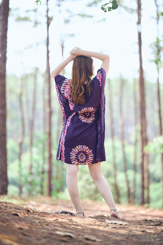 Rayon Boho Tops Dress Kimono - Purple Printed Colorful