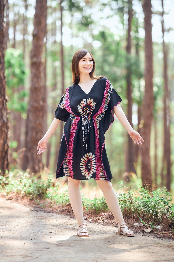 Rayon Boho Tops Dress Kimono - Black Printed Colorful - Lannaclothesdesign Shop