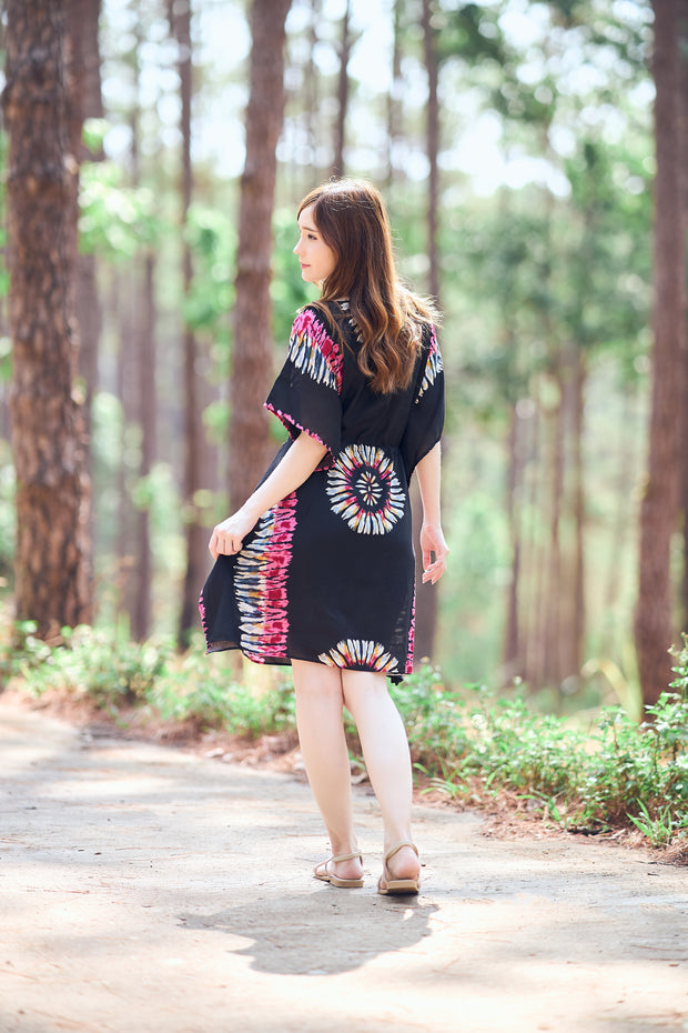 Rayon Boho Tops Dress Kimono - Black Printed Colorful