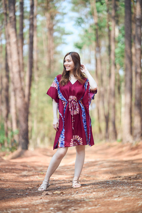 Rayon Boho Tops Dress Kimono - Burgundy Printed Colorful