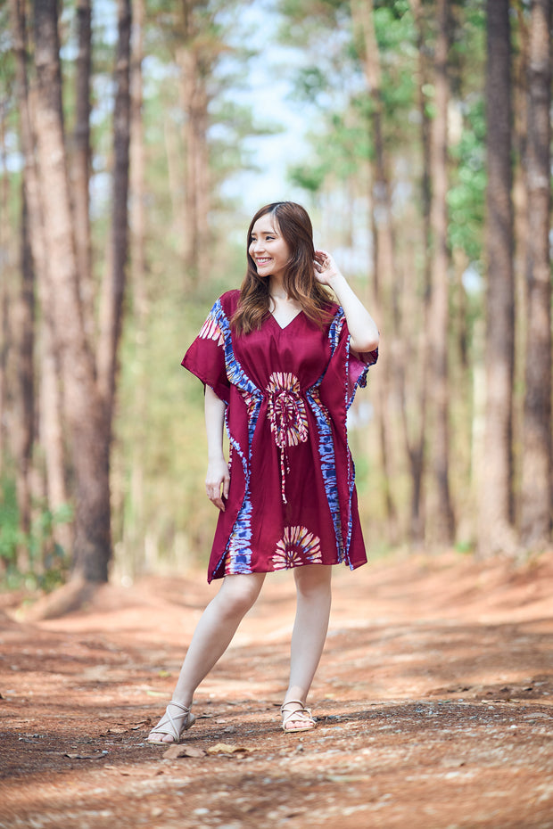 Rayon Boho Tops Dress Kimono - Burgundy Printed Colorful