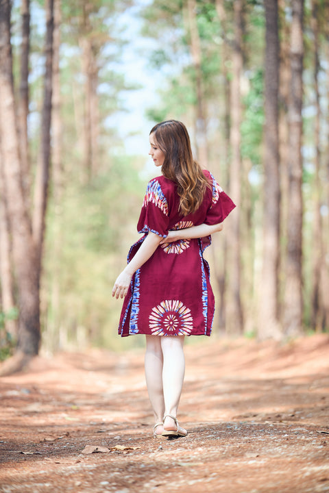 Rayon Boho Tops Dress Kimono - Burgundy Printed Colorful