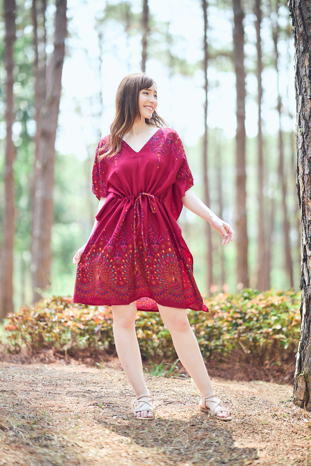 Rayon Boho Tops Dress Kimono - Burgundy Firework