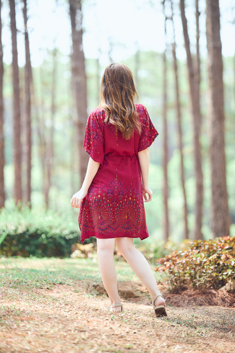 Rayon Boho Tops Dress Kimono - Burgundy Firework