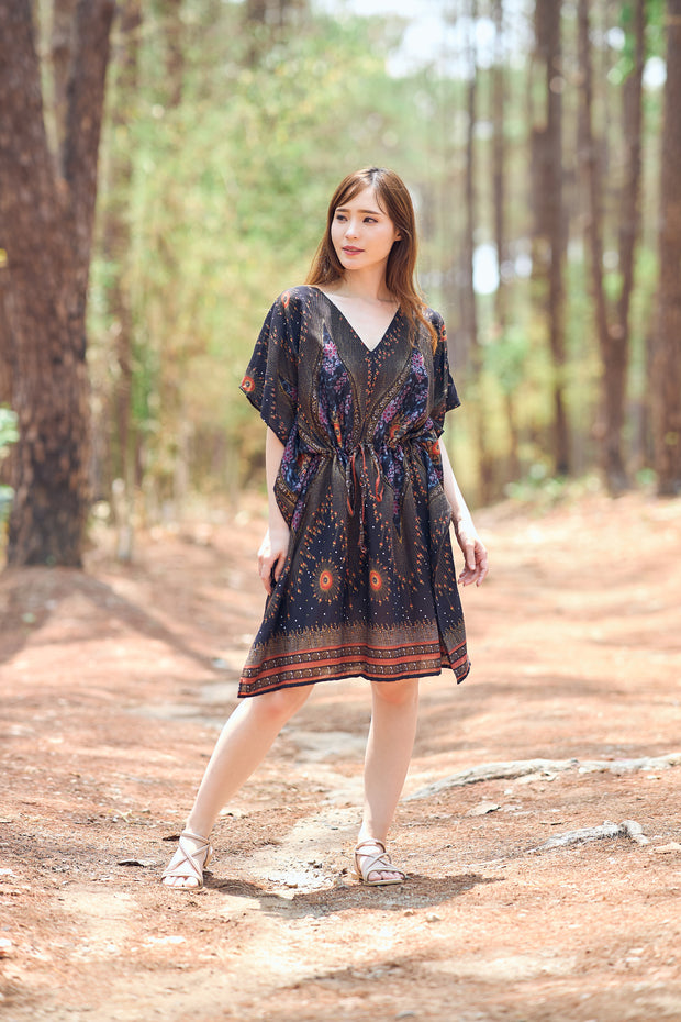 Rayon Boho Tops Dress Kimono - Black Flower Eye