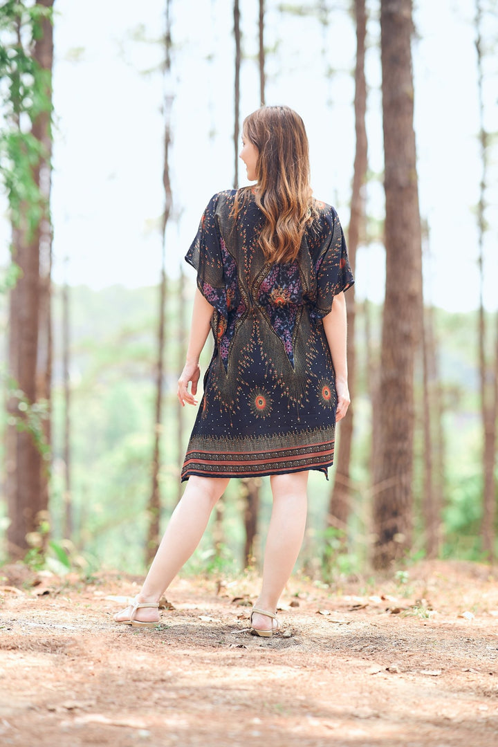 Rayon Boho Tops Dress Kimono - Black Flower Eye - Lannaclothesdesign Shop