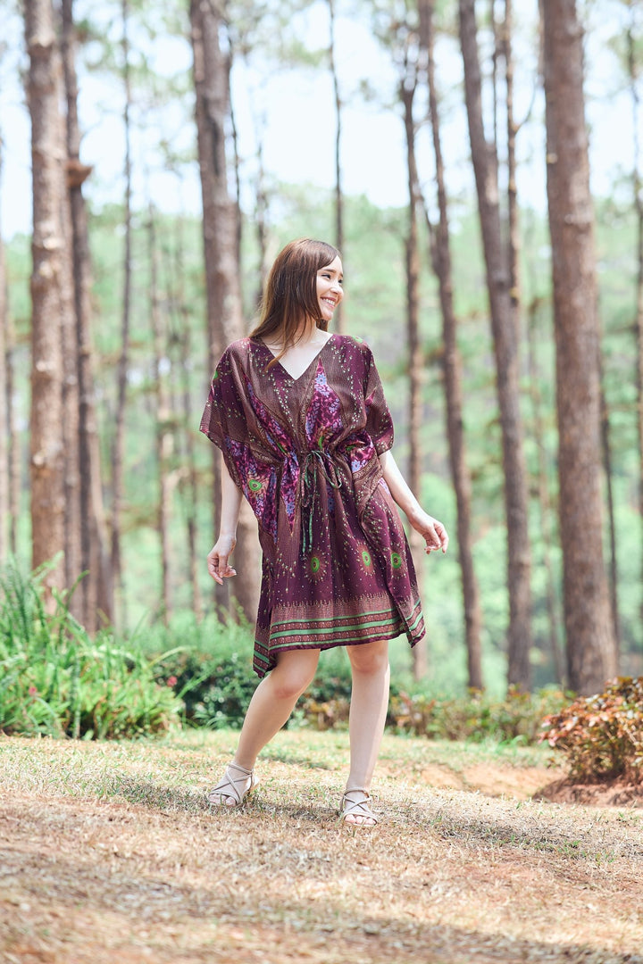 Rayon Boho Tops Dress Kimono - Burgundy Flower Eye - Lannaclothesdesign Shop