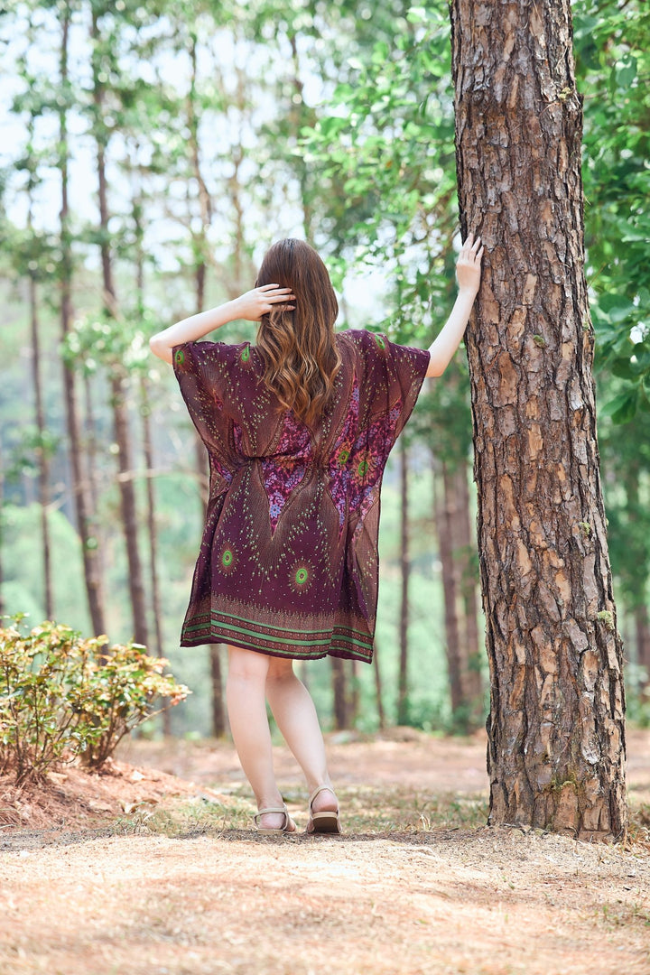 Rayon Boho Tops Dress Kimono - Burgundy Flower Eye - Lannaclothesdesign Shop
