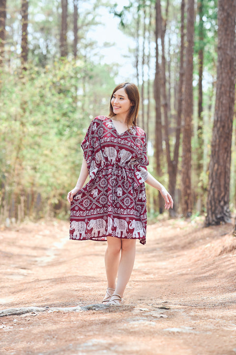 Rayon Boho Tops Dress Kimono - Burgundy Elephant