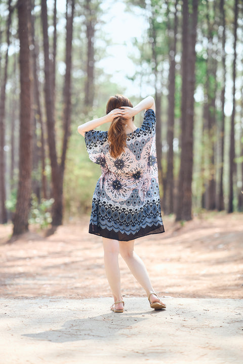 Rayon Boho Tops Dress Kimono - Black White Flower Mandala