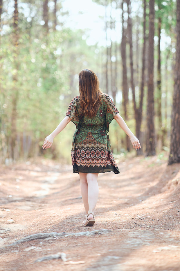 Rayon Boho Tops Dress Kimono - Green Flower Mandala