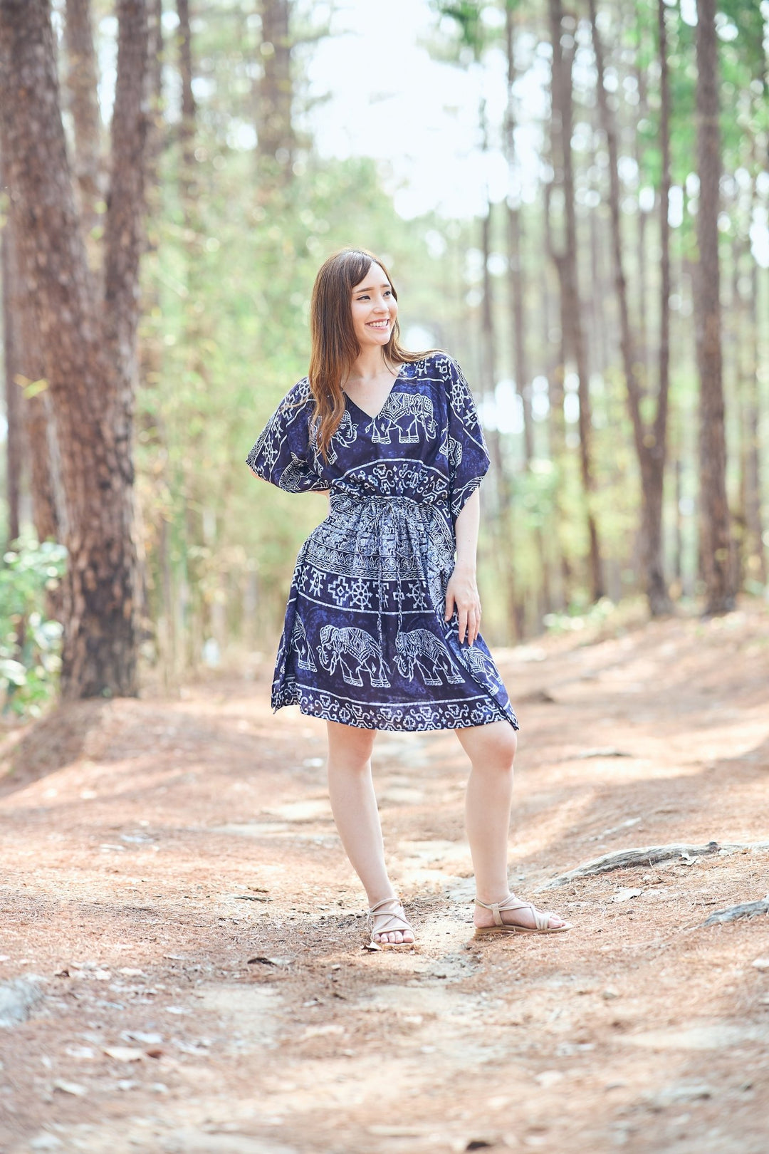 Rayon Boho Tops Dress Kimono - Dark Blue Elephant - Lannaclothesdesign Shop