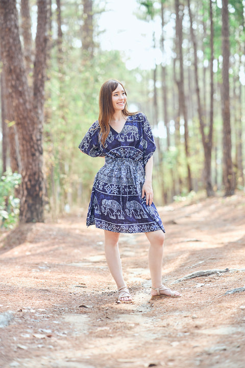 Rayon Boho Tops Dress Kimono - Dark Blue Elephant