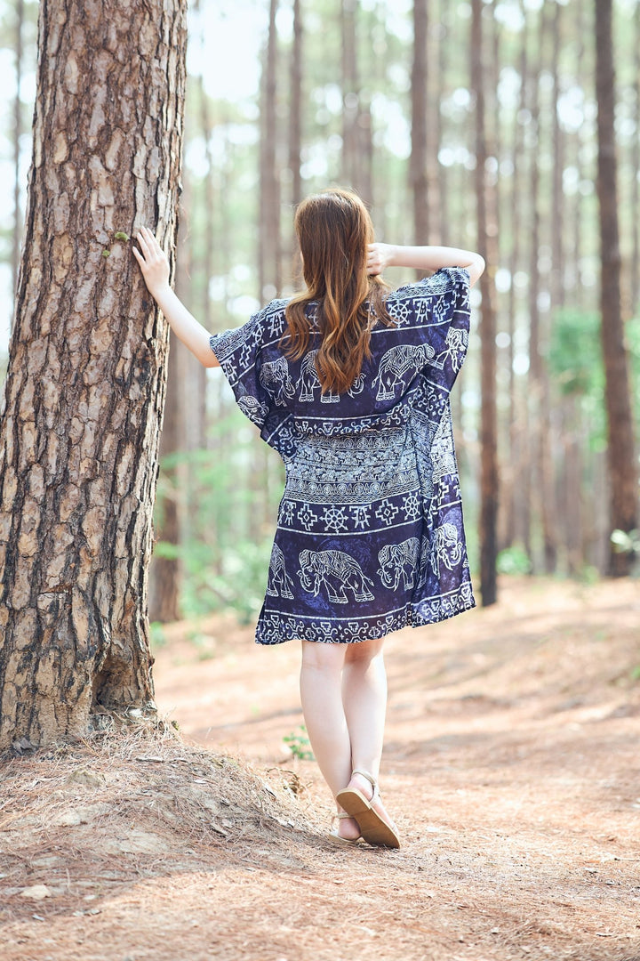 Rayon Boho Tops Dress Kimono - Dark Blue Elephant - Lannaclothesdesign Shop