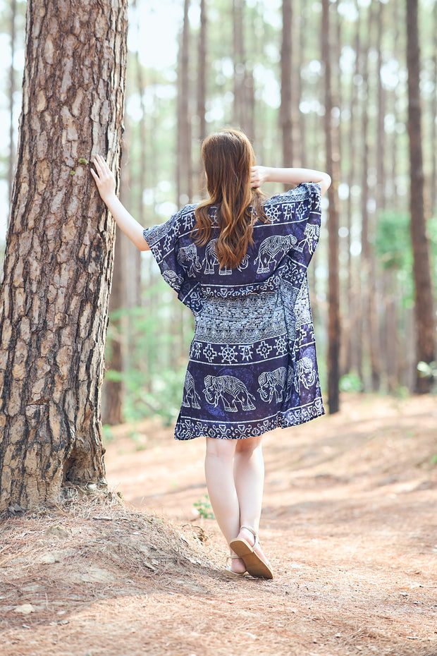 Rayon Boho Tops Dress Kimono - Dark Blue Elephant