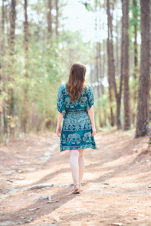 Rayon Boho Tops Dress Kimono - Teal Elephant