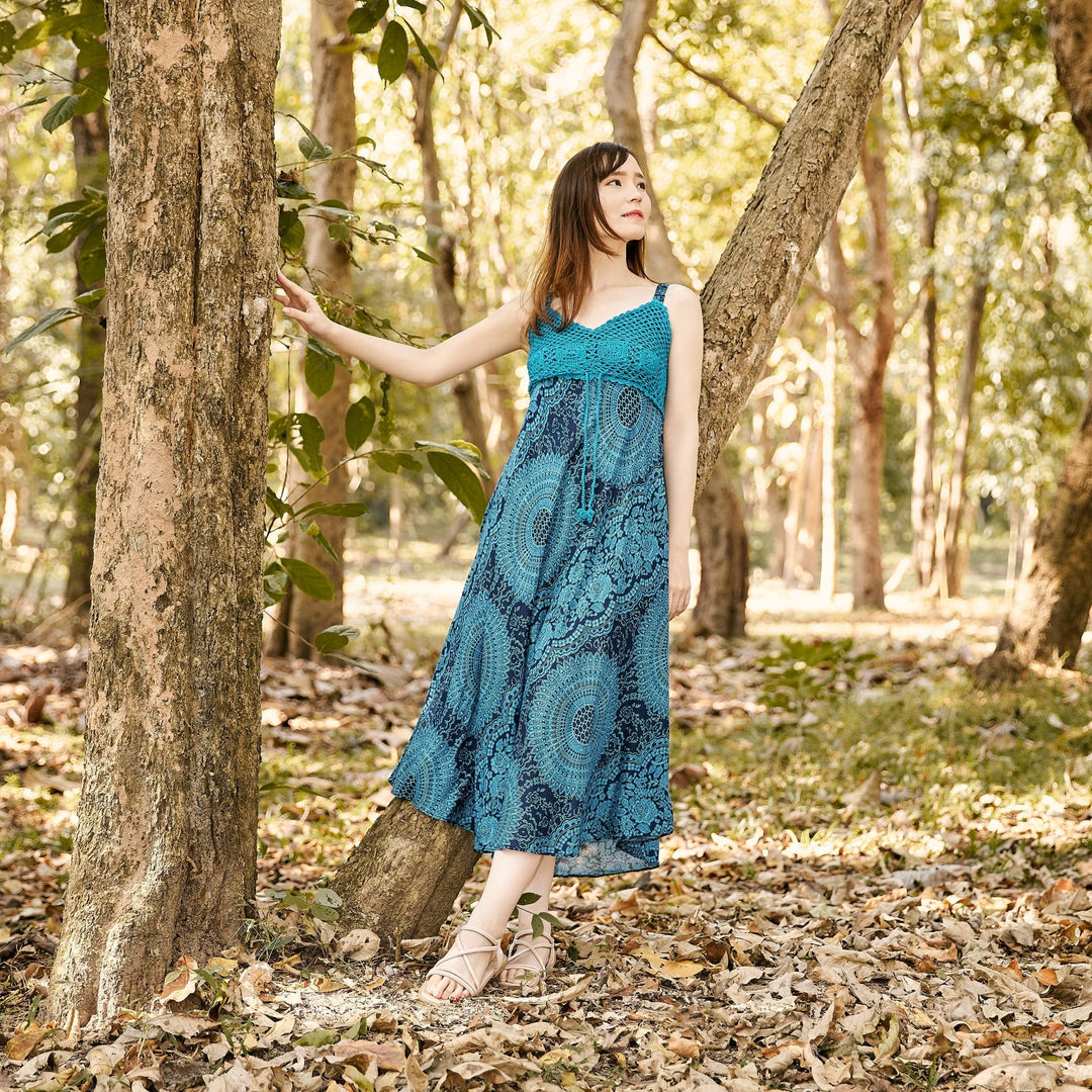 Long Summer Dress with Crochet Top - Teal - Lannaclothesdesign Shop