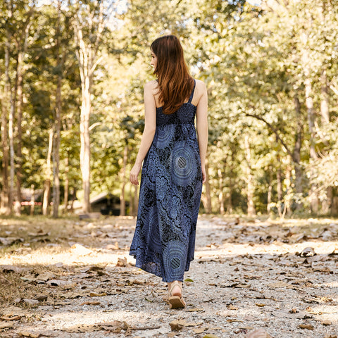 Long Summer Dress with Crochet Top - Dark Blue