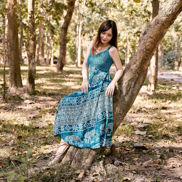Long Summer Elephant Dress with Crochet Top - Teal - Lannaclothesdesign Shop
