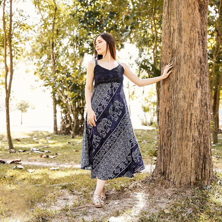 Long Summer Elephant Dress with Crochet Top - Dark Blue - Lannaclothesdesign Shop