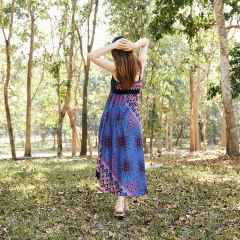 Long Summer Flower Mandala Dress with Crochet Top - Dark Blue