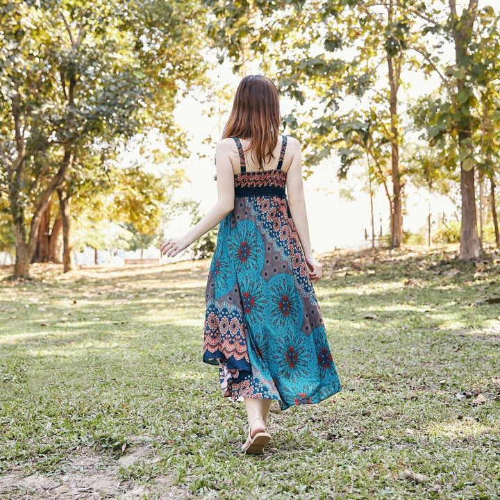 Long Summer Flower Mandala Dress with Crochet Top - Teal - Lannaclothesdesign Shop
