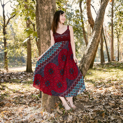 Long Summer Flower Mandala Dress with Crochet Top - Burgundy