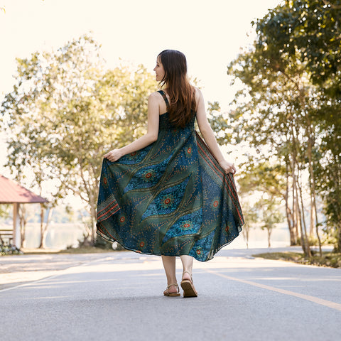 Long Summer Flower Eye Dress with Crochet Top - Teal