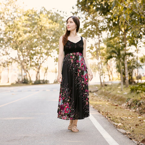 Long Summer Flower Dress with Crochet Top - Black