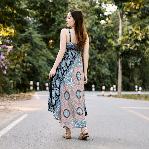 Long Summer Elephant Rose Dress with Crochet Top - Black White