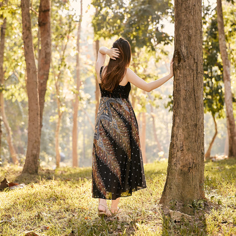 Long Summer Peacock Dress with Crochet Top - Black Gold