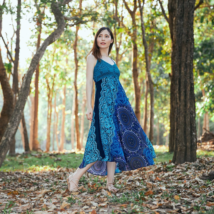 Long Summer Rose Circle Dress with Crochet Top - Blue - Lannaclothesdesign Shop