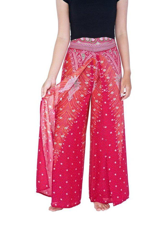 Wide Leg Pants with Peacock Design
