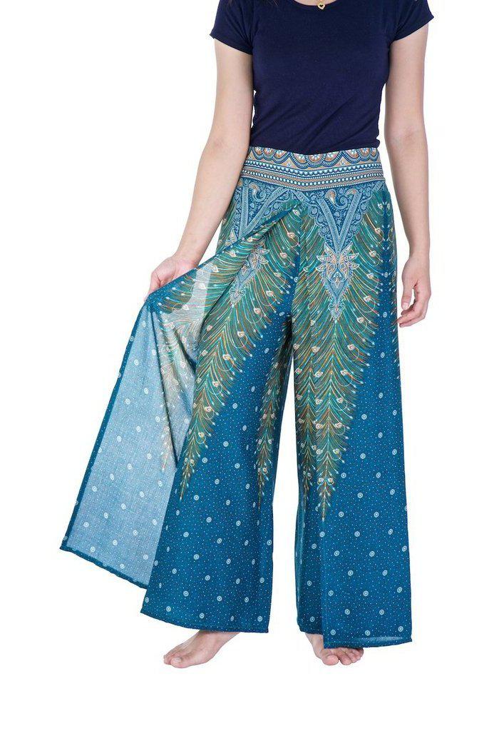 Wide Leg Pants with Peacock Design