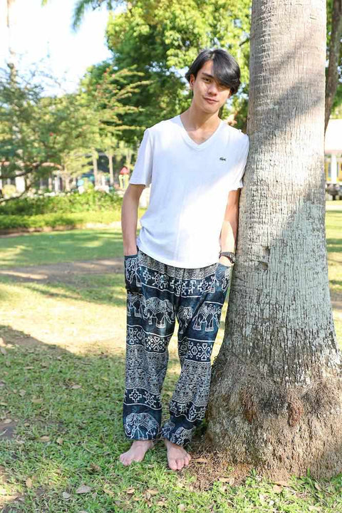 Elephant Printed HIPPIE PANTS MEN-Men Pants-Lannaclothesdesign Shop-Small-Grey / Black-Lannaclothesdesign Shop