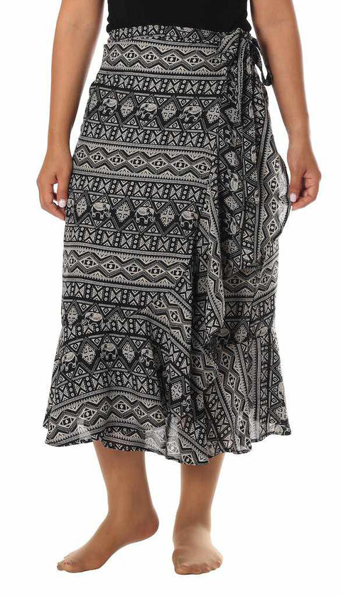 BLACK ELEPHANT MIDI WRAP SKIRT-Rayon Skirt-Lannaclothesdesign Shop-XS/S-Black-Lannaclothesdesign Shop