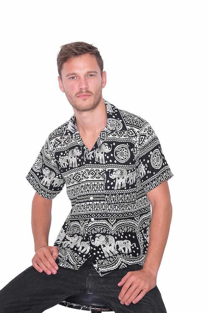 Black Elephant Print BUTTON UP SHIRT - Lannaclothesdesign Shop