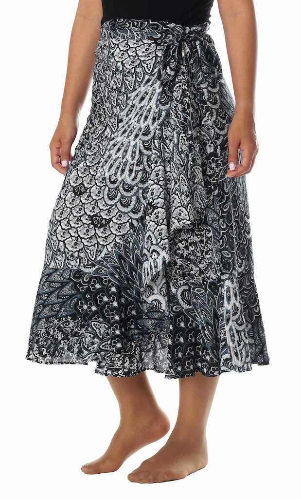 BLACK PEACOCK MIDI WRAP SKIRT - Lannaclothesdesign Shop
