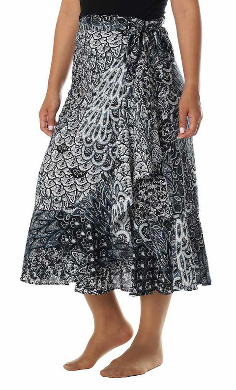 BLACK PEACOCK MIDI WRAP SKIRT-Rayon Skirt-Lannaclothesdesign Shop-XS/S-Black-Lannaclothesdesign Shop